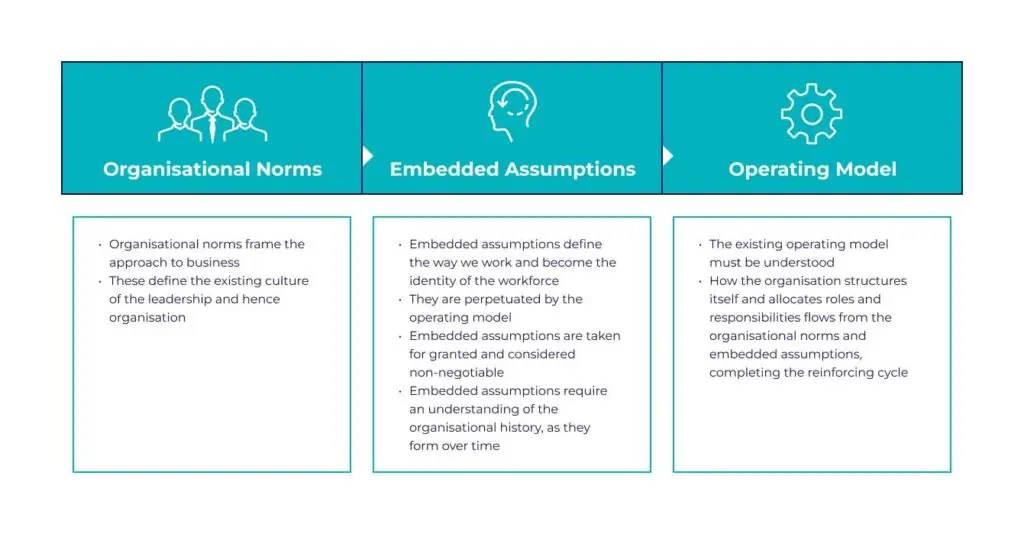 Figure 3: organisational behavioural norms, the reinforcing cycle of norms, embedded assumptions and operating model